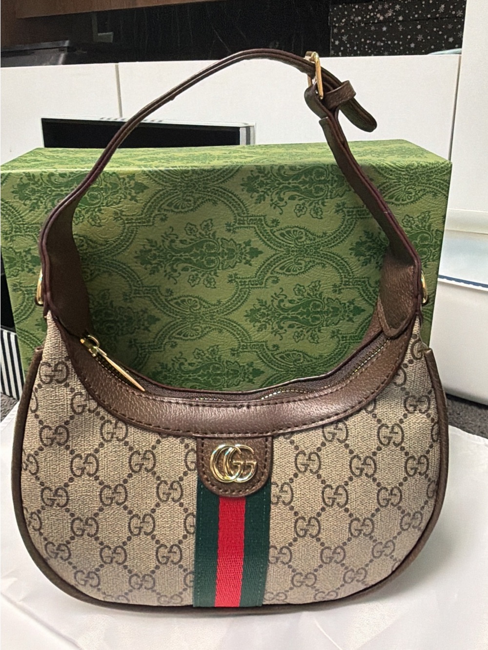 Canvas Hobo with Brown Leather and Green-Red Stripe - Picture 1 of 10
